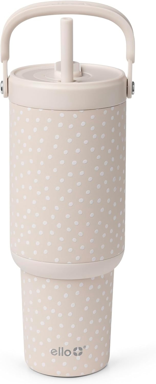 image:imageEllo Oasis Go 32oz Tumbler with Top Handle and Retracting Straw Reusable Insulated Stainless Steel Cup 100 Leakproof Water Bottle 24 Hours Cold Cup Holder Friendly For Travel Black LaceWild Dot