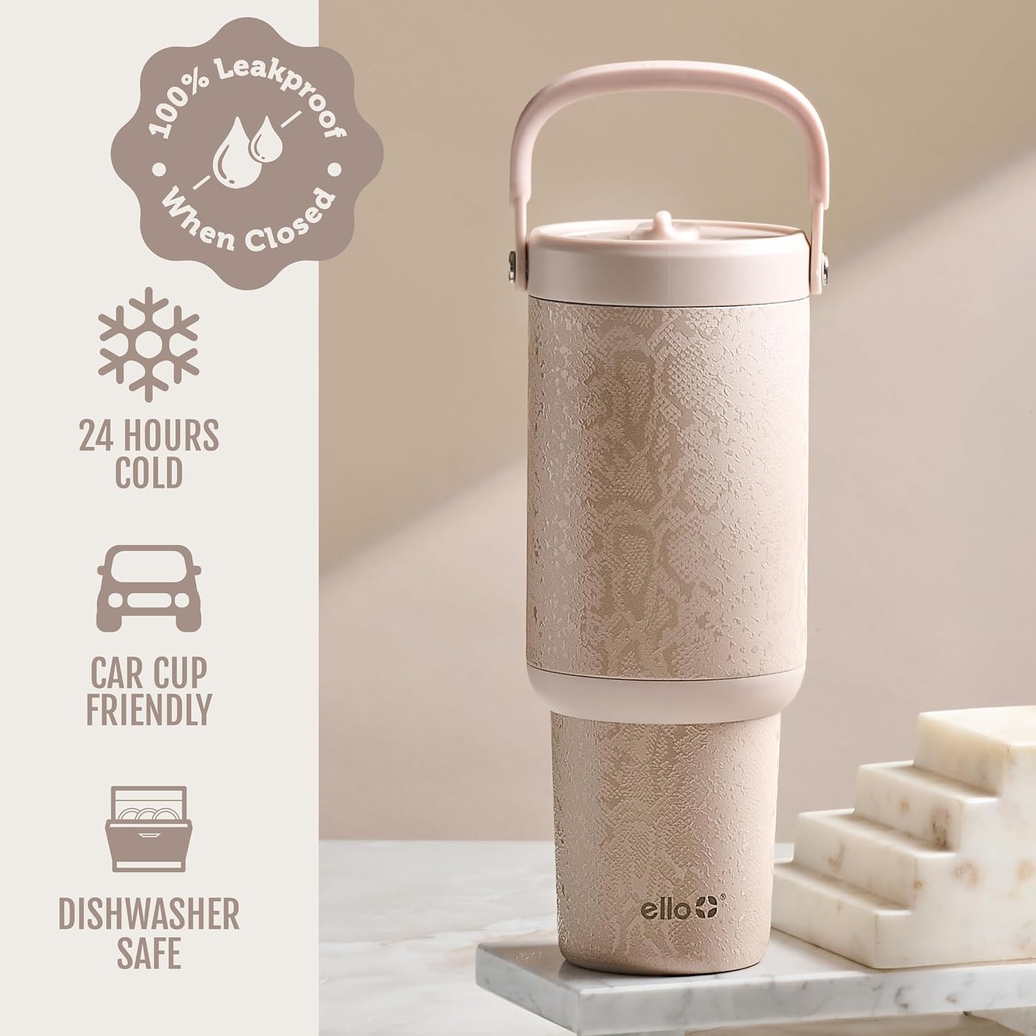 image:imageEllo Oasis Go 32oz Tumbler with Top Handle and Retracting Straw Reusable Insulated Stainless Steel Cup 100 Leakproof Water Bottle 24 Hours Cold Cup Holder Friendly For Travel Black LacePython