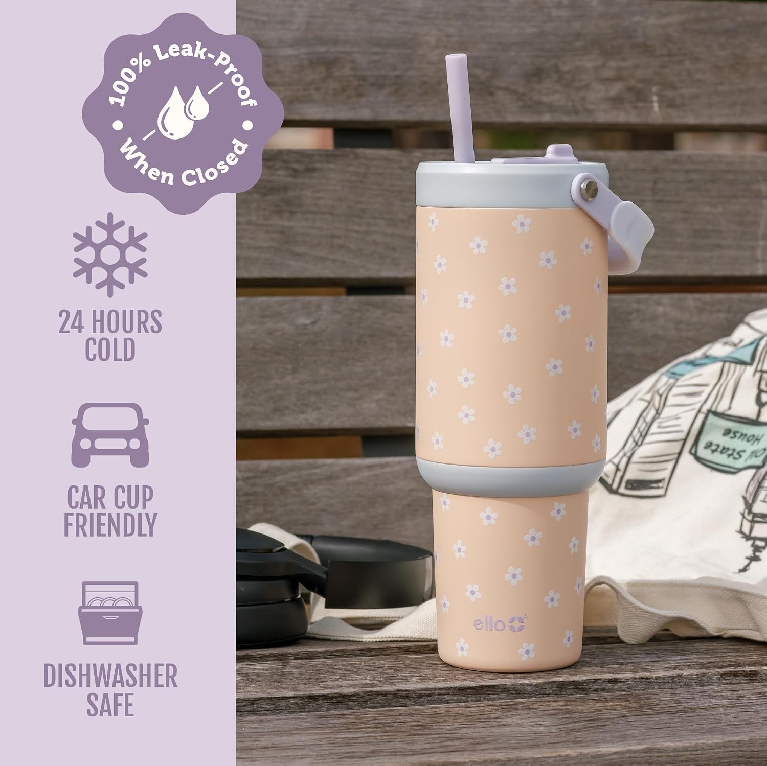 image:imageEllo Oasis Go 32oz Tumbler with Top Handle and Retracting Straw Reusable Insulated Stainless Steel Cup 100 Leakproof Water Bottle 24 Hours Cold Cup Holder Friendly For Travel Red VelvetDaisies
