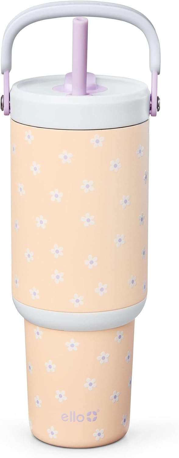 image:imageEllo Oasis Go 32oz Tumbler with Top Handle and Retracting Straw Reusable Insulated Stainless Steel Cup 100 Leakproof Water Bottle 24 Hours Cold Cup Holder Friendly For Travel Red VelvetDaisies