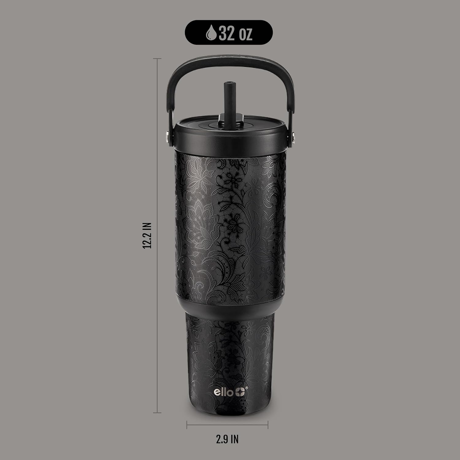 image:imageEllo Oasis Go 32oz Tumbler with Top Handle and Retracting Straw Reusable Insulated Stainless Steel Cup 100 Leakproof Water Bottle 24 Hours Cold Cup Holder Friendly For Travel Red VelvetBlack Lace