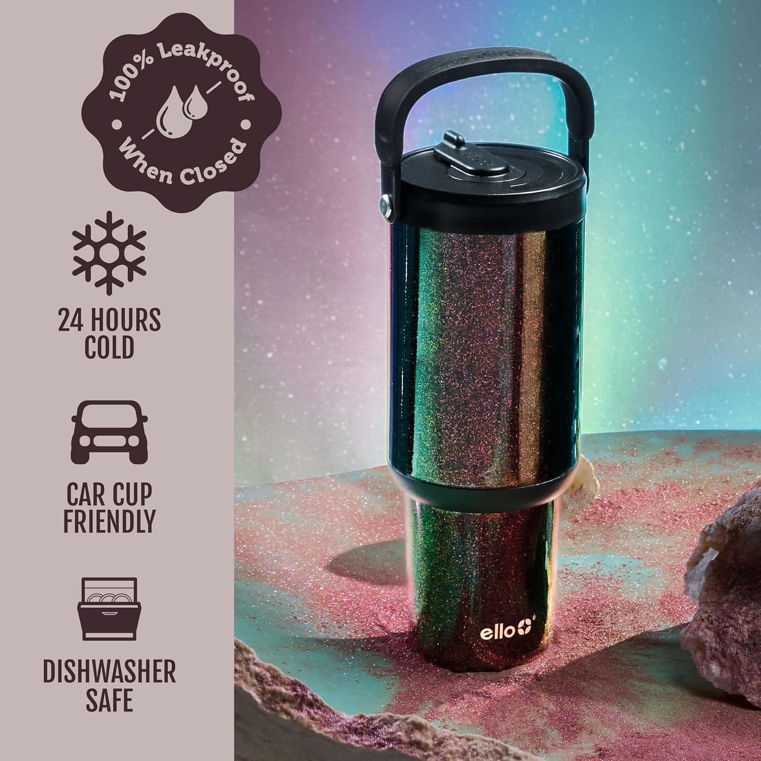 image:imageEllo Oasis Go 32oz Tumbler with Top Handle and Retracting Straw Reusable Insulated Stainless Steel Cup 100 Leakproof Water Bottle 24 Hours Cold Cup Holder Friendly For Travel Black LaceMoonstone