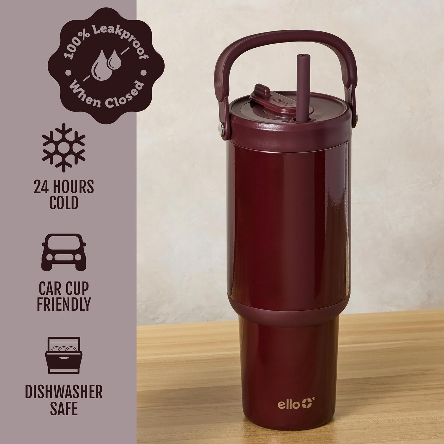 image:imageEllo Oasis Go 32oz Tumbler with Top Handle and Retracting Straw Reusable Insulated Stainless Steel Cup 100 Leakproof Water Bottle 24 Hours Cold Cup Holder Friendly For Travel Black LaceRed Velvet