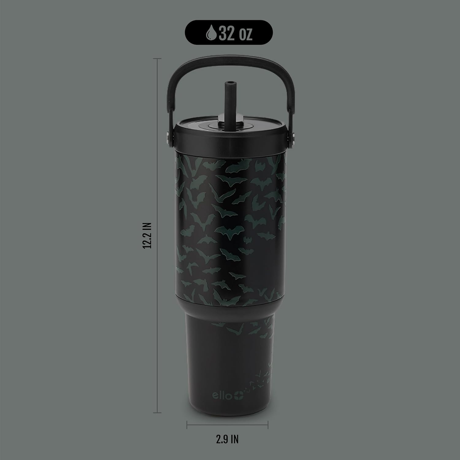 image:imageEllo Oasis Go 32oz Tumbler with Top Handle and Retracting Straw Reusable Insulated Stainless Steel Cup 100 Leakproof Water Bottle 24 Hours Cold Cup Holder Friendly For Travel Black LaceNocturnal Bat