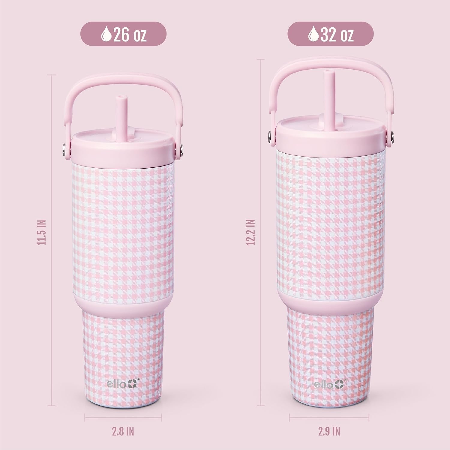 image:imageEllo Oasis Go 32oz Tumbler with Top Handle and Retracting Straw Reusable Insulated Stainless Steel Cup 100 Leakproof Water Bottle 24 Hours Cold Cup Holder Friendly For Travel Black LacePink Gingham