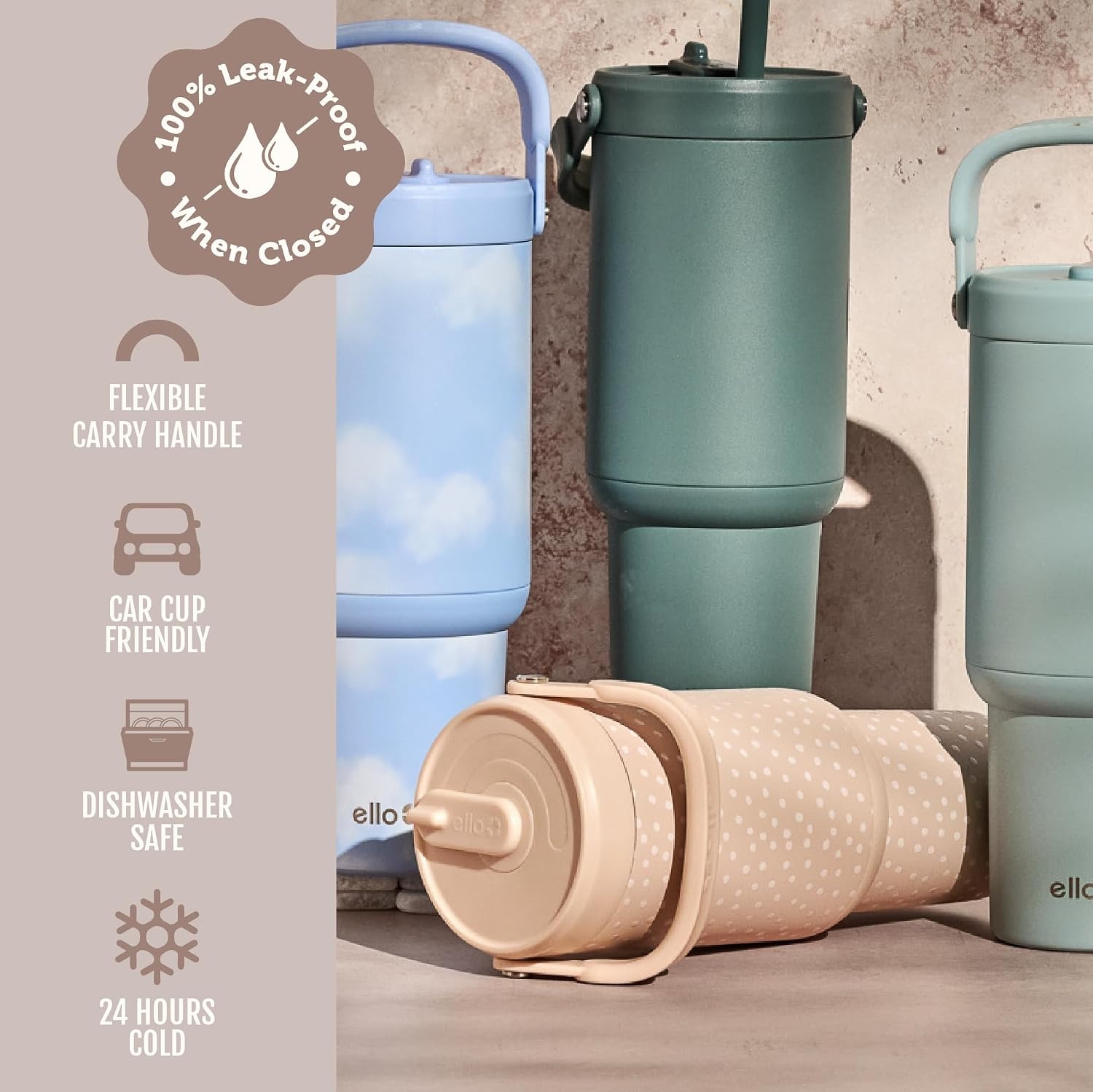 image:imageEllo Oasis Go 32oz Tumbler with Top Handle and Retracting Straw Reusable Insulated Stainless Steel Cup 100 Leakproof Water Bottle 24 Hours Cold Cup Holder Friendly For Travel Red VelvetWild Dot