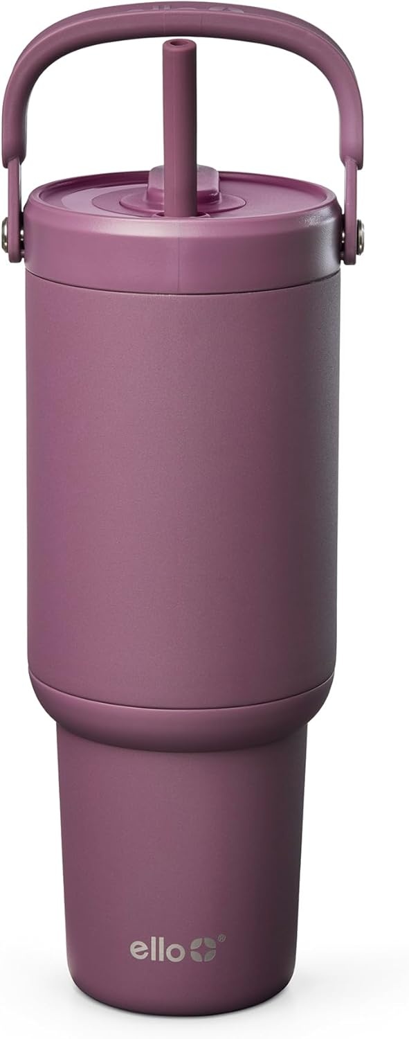 image:imageEllo Oasis Go 32oz Tumbler with Top Handle and Retracting Straw Reusable Insulated Stainless Steel Cup 100 Leakproof Water Bottle 24 Hours Cold Cup Holder Friendly For Travel Black LaceWild Rasberry
