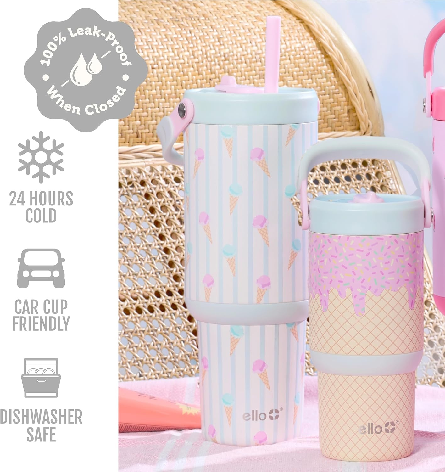 image:imageEllo Oasis Go 32oz Tumbler with Top Handle and Retracting Straw Reusable Insulated Stainless Steel Cup 100 Leakproof Water Bottle 24 Hours Cold Cup Holder Friendly For Travel Red VelvetIce Cream Parlor