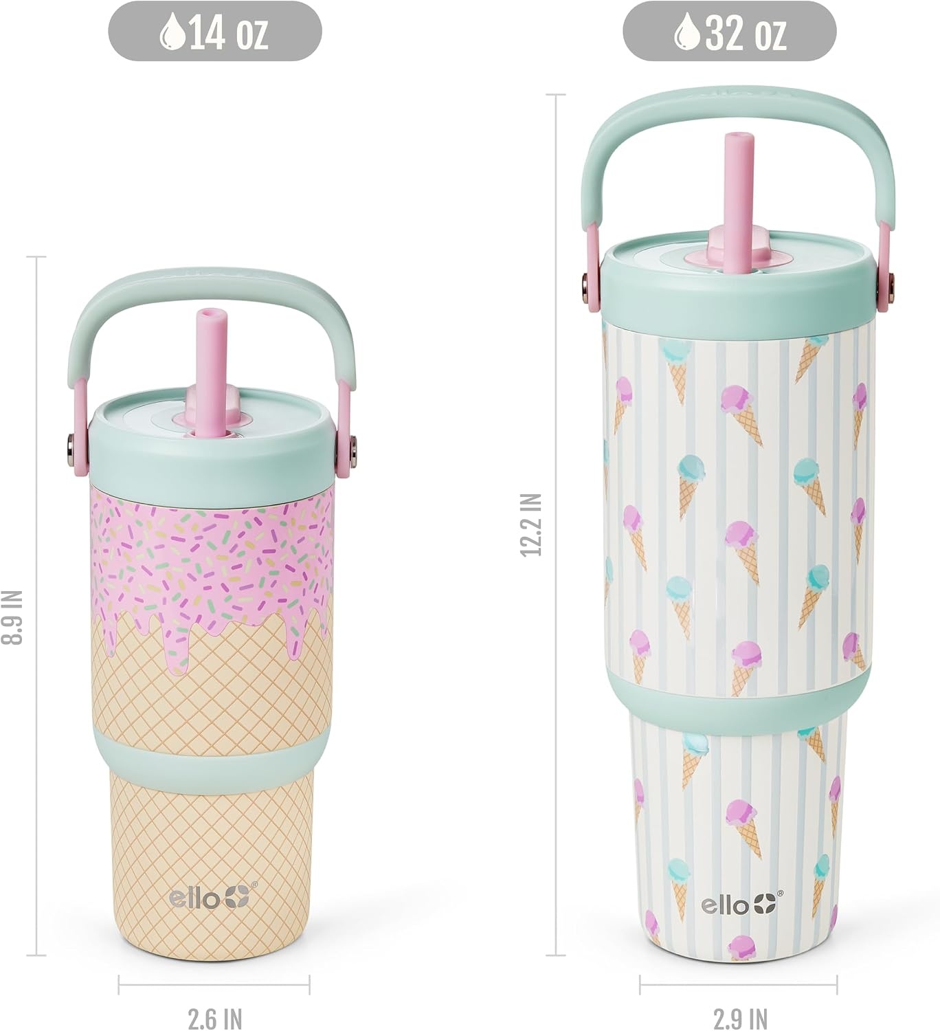image:imageEllo Oasis Go 32oz Tumbler with Top Handle and Retracting Straw Reusable Insulated Stainless Steel Cup 100 Leakproof Water Bottle 24 Hours Cold Cup Holder Friendly For Travel Black LaceIce Cream Parlor