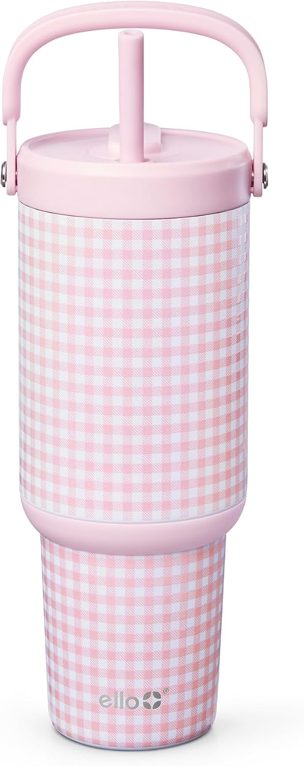 image:imageEllo Oasis Go 32oz Tumbler with Top Handle and Retracting Straw Reusable Insulated Stainless Steel Cup 100 Leakproof Water Bottle 24 Hours Cold Cup Holder Friendly For Travel Red VelvetPink Gingham