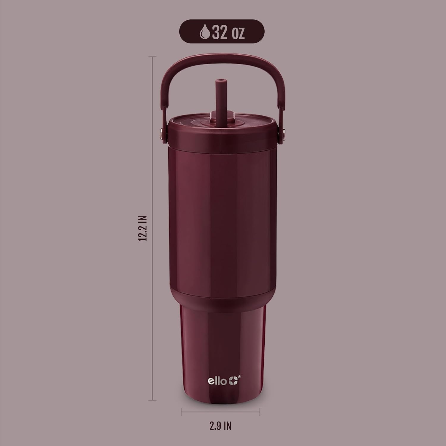 image:imageEllo Oasis Go 32oz Tumbler with Top Handle and Retracting Straw Reusable Insulated Stainless Steel Cup 100 Leakproof Water Bottle 24 Hours Cold Cup Holder Friendly For Travel Black LaceRed Velvet