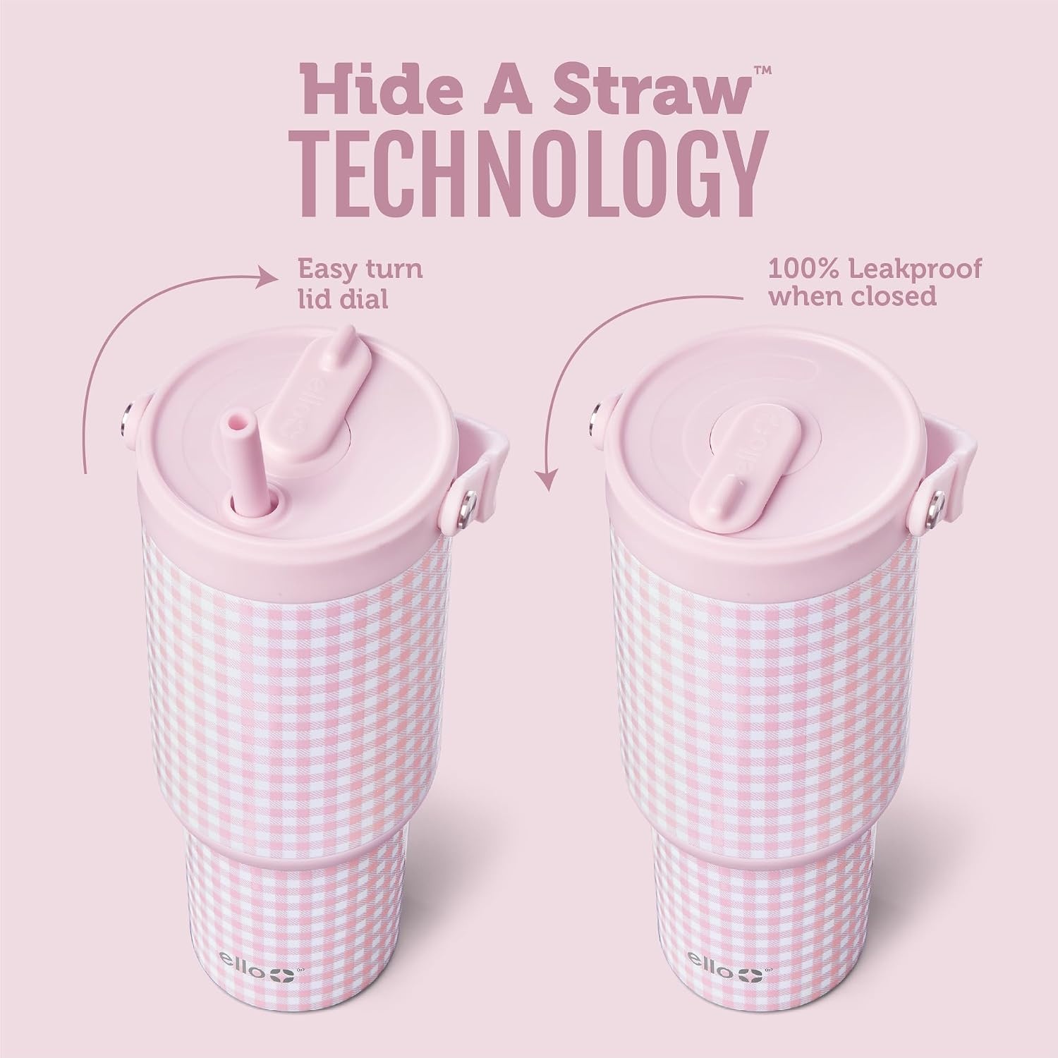image:imageEllo Oasis Go 32oz Tumbler with Top Handle and Retracting Straw Reusable Insulated Stainless Steel Cup 100 Leakproof Water Bottle 24 Hours Cold Cup Holder Friendly For Travel Red VelvetPink Gingham