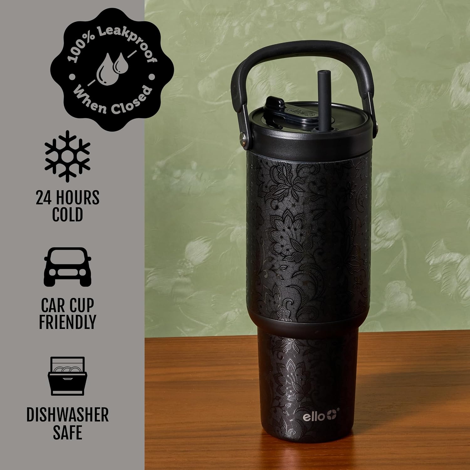image:imageEllo Oasis Go 32oz Tumbler with Top Handle and Retracting Straw Reusable Insulated Stainless Steel Cup 100 Leakproof Water Bottle 24 Hours Cold Cup Holder Friendly For Travel Red VelvetBlack Lace