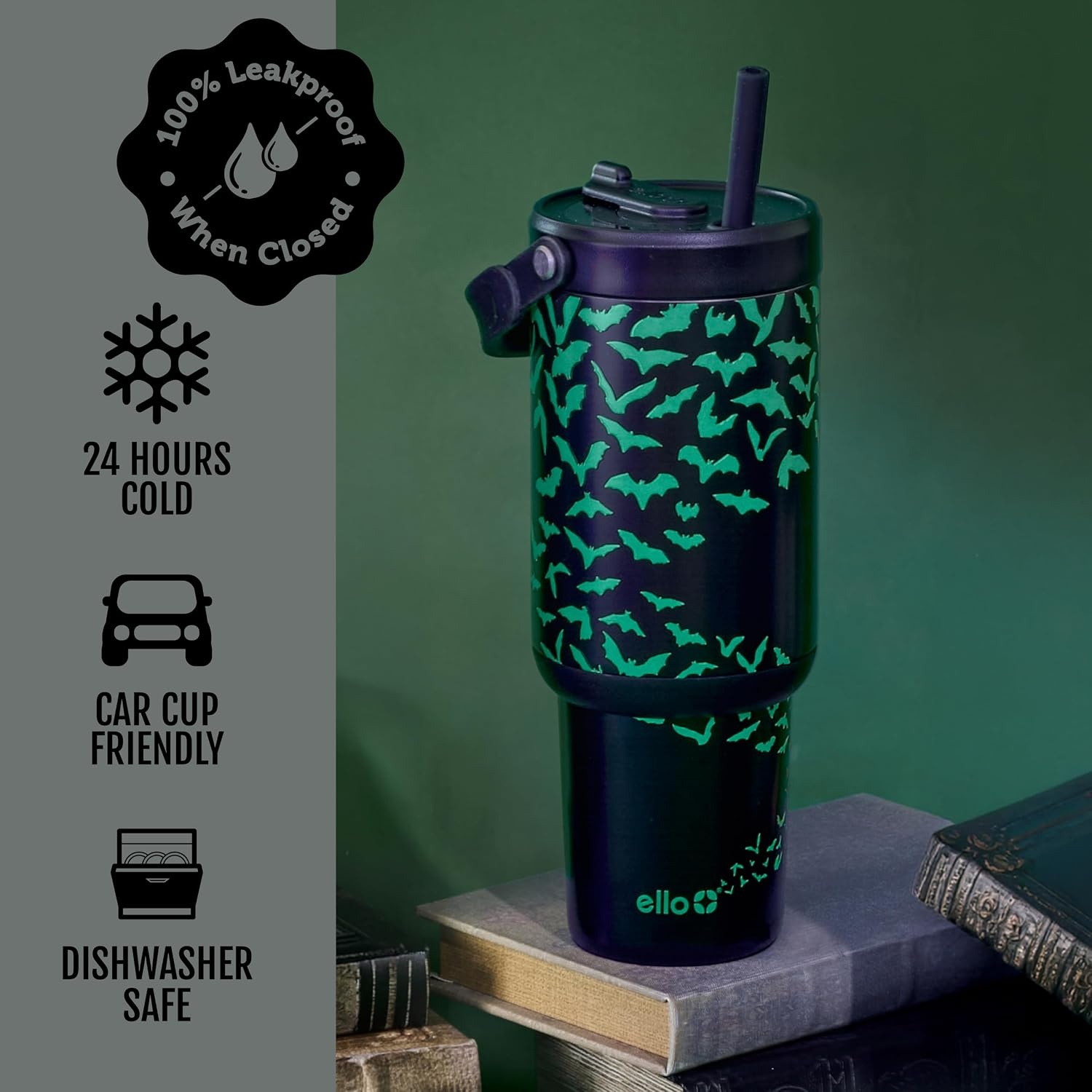 image:imageEllo Oasis Go 32oz Tumbler with Top Handle and Retracting Straw Reusable Insulated Stainless Steel Cup 100 Leakproof Water Bottle 24 Hours Cold Cup Holder Friendly For Travel Black LaceNocturnal Bat