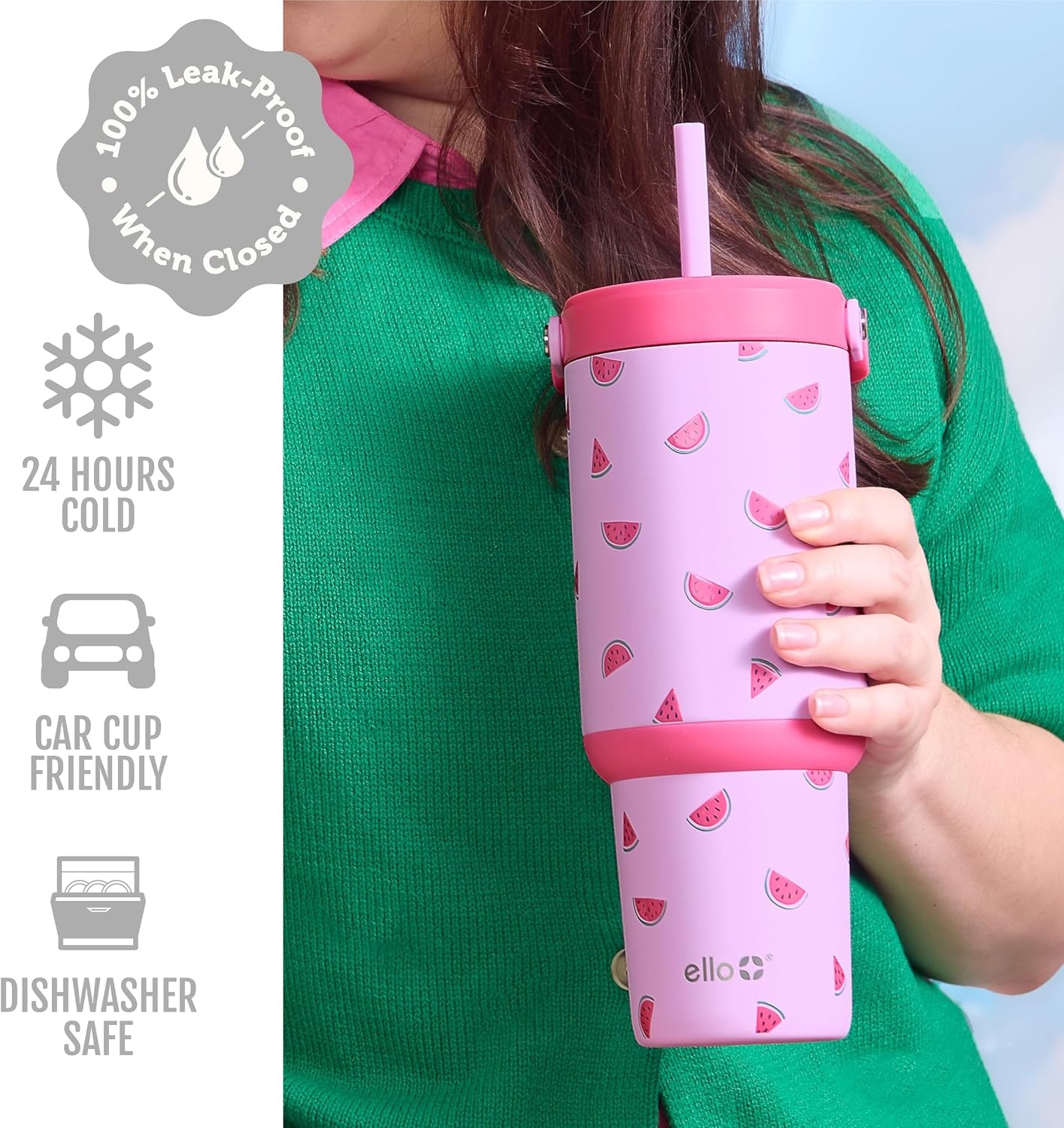 image:imageEllo Oasis Go 32oz Tumbler with Top Handle and Retracting Straw Reusable Insulated Stainless Steel Cup 100 Leakproof Water Bottle 24 Hours Cold Cup Holder Friendly For Travel Black LaceOne In a Melon
