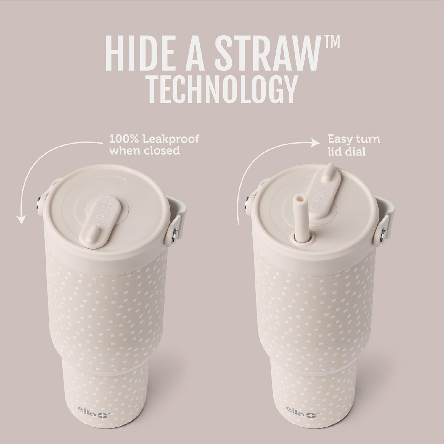 image:imageEllo Oasis Go 32oz Tumbler with Top Handle and Retracting Straw Reusable Insulated Stainless Steel Cup 100 Leakproof Water Bottle 24 Hours Cold Cup Holder Friendly For Travel Black LaceWild Dot