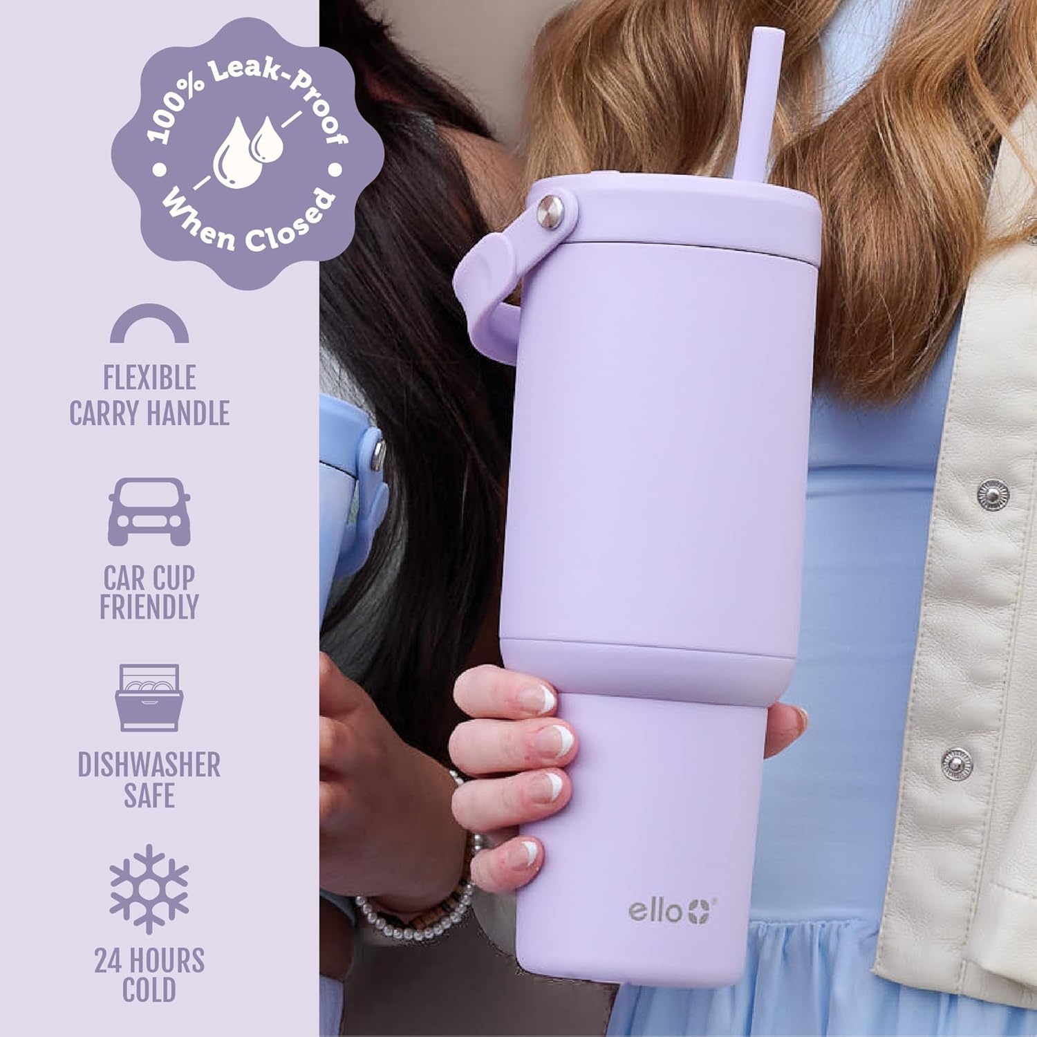 image:imageEllo Oasis Go 32oz Tumbler with Top Handle and Retracting Straw Reusable Insulated Stainless Steel Cup 100 Leakproof Water Bottle 24 Hours Cold Cup Holder Friendly For Travel Black LaceOrchid