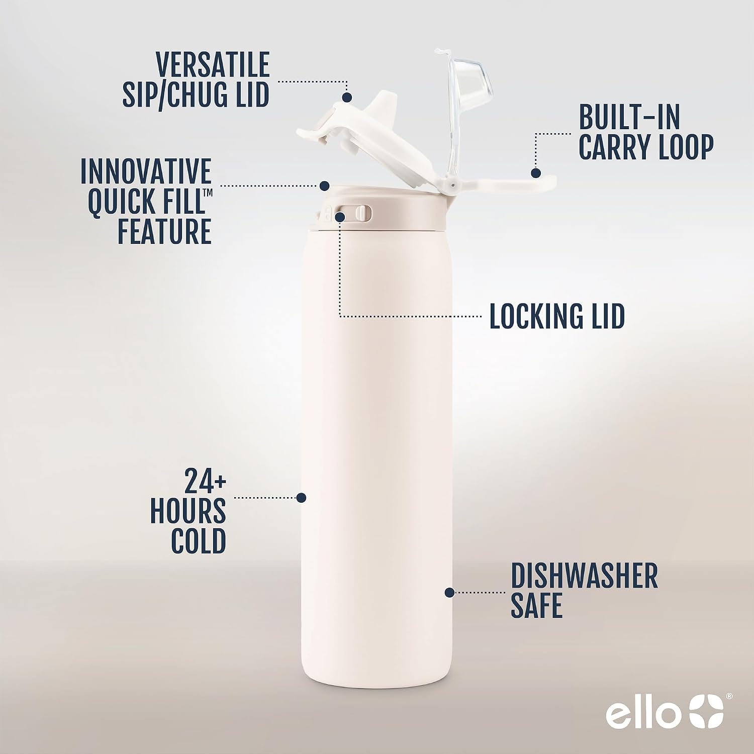image:imageEllo Pop amp Fill Insulated Stainless Steel Water Bottle with Quick Fill Lid Leakproof Locking Sip or Chug Spout BPAFree Double Wall Vacuum Insulated for Sports Travel amp School 22oz 32oz 40ozTonal Cream