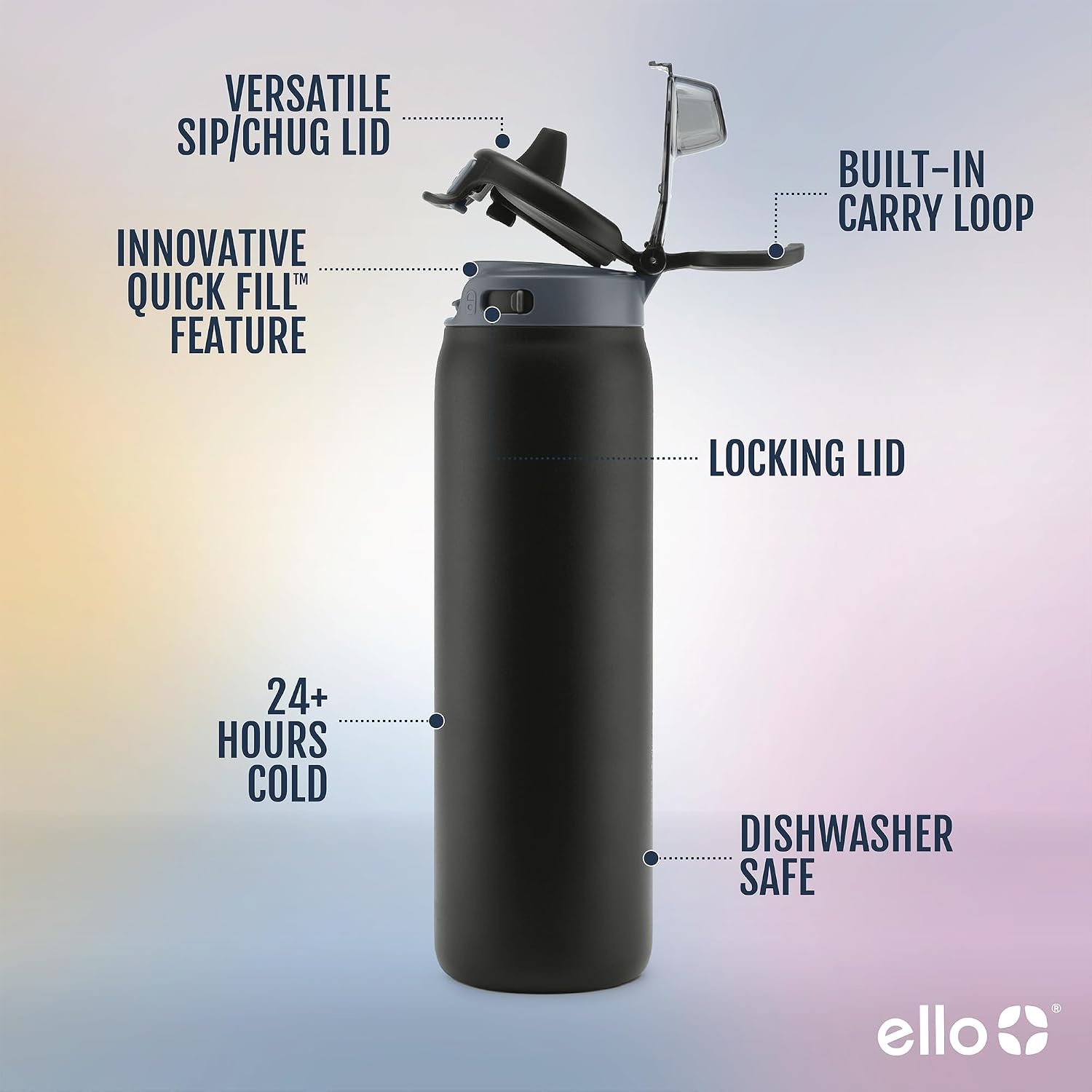 image:imageEllo Pop amp Fill Insulated Stainless Steel Water Bottle with Quick Fill Lid Leakproof Locking Sip or Chug Spout BPAFree Double Wall Vacuum Insulated for Sports Travel amp School 22oz 32oz 40ozTonal Black