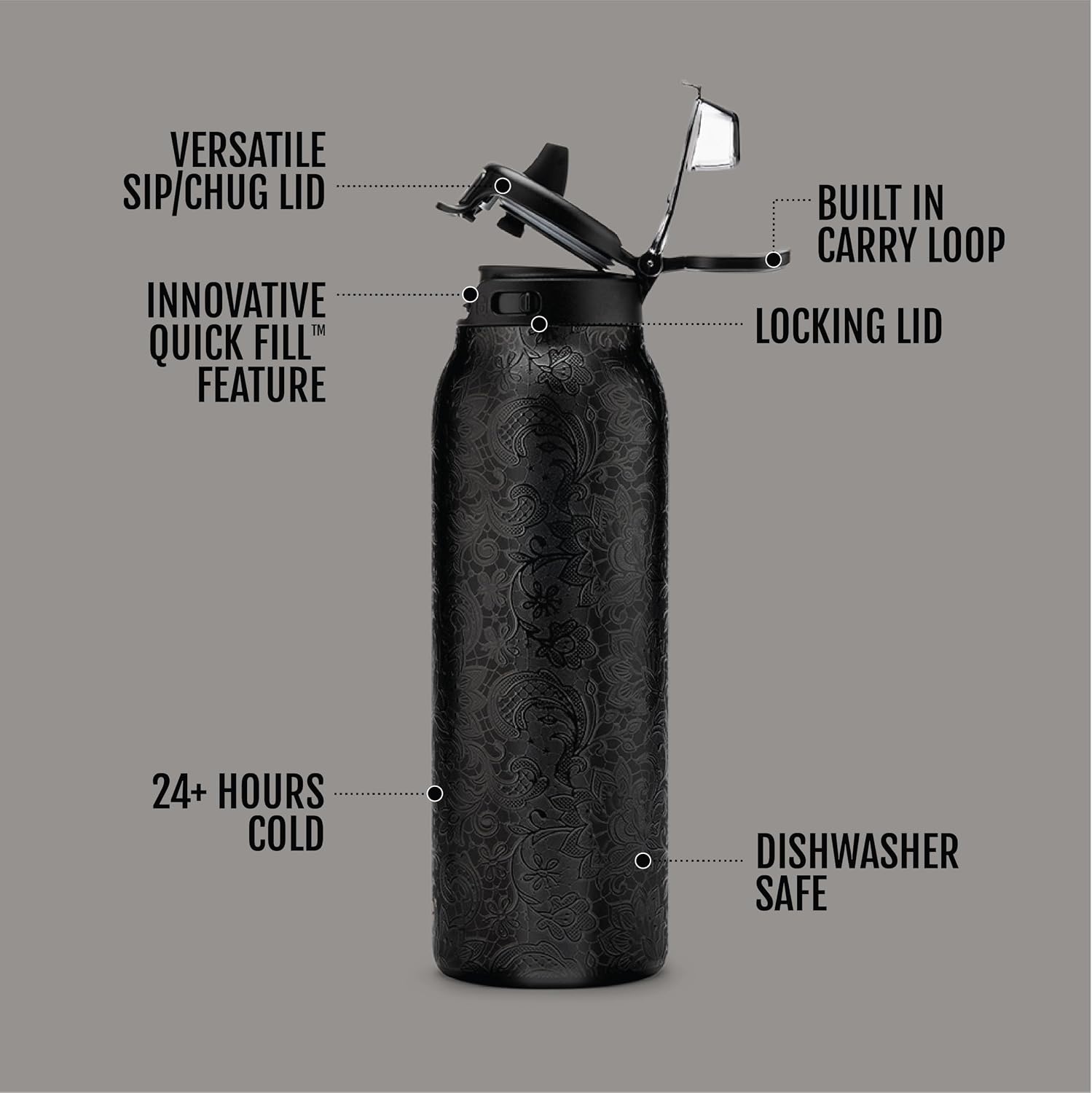image:imageEllo Pop amp Fill Insulated Stainless Steel Water Bottle with Quick Fill Lid Leakproof Locking Sip or Chug Spout BPAFree Double Wall Vacuum Insulated for Sports Travel amp School 22oz 32oz 40ozBlack Lace