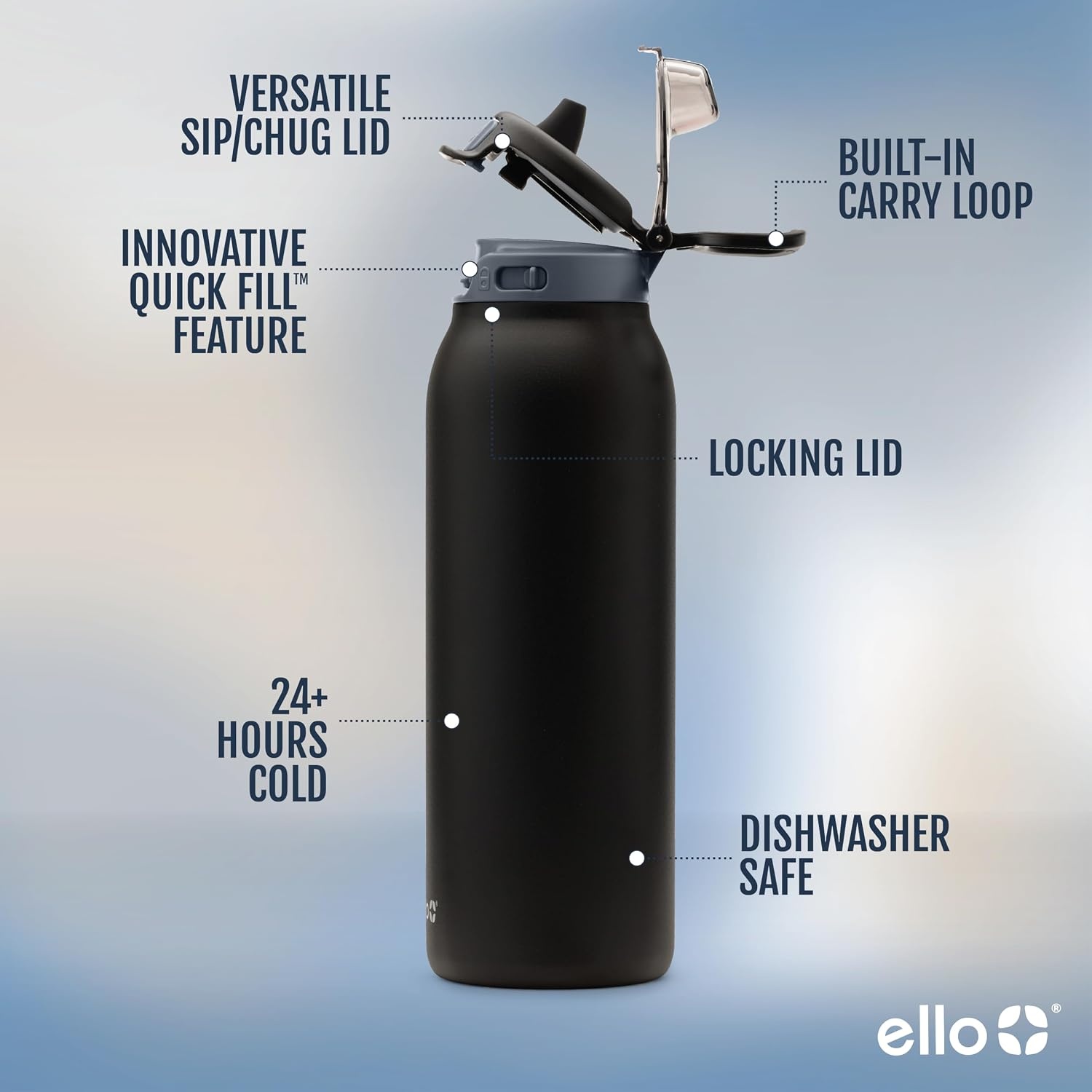 image:imageEllo Pop amp Fill Insulated Stainless Steel Water Bottle with Quick Fill Lid Leakproof Locking Sip or Chug Spout BPAFree Double Wall Vacuum Insulated for Sports Travel amp School 22oz 32oz 40ozTonal Black