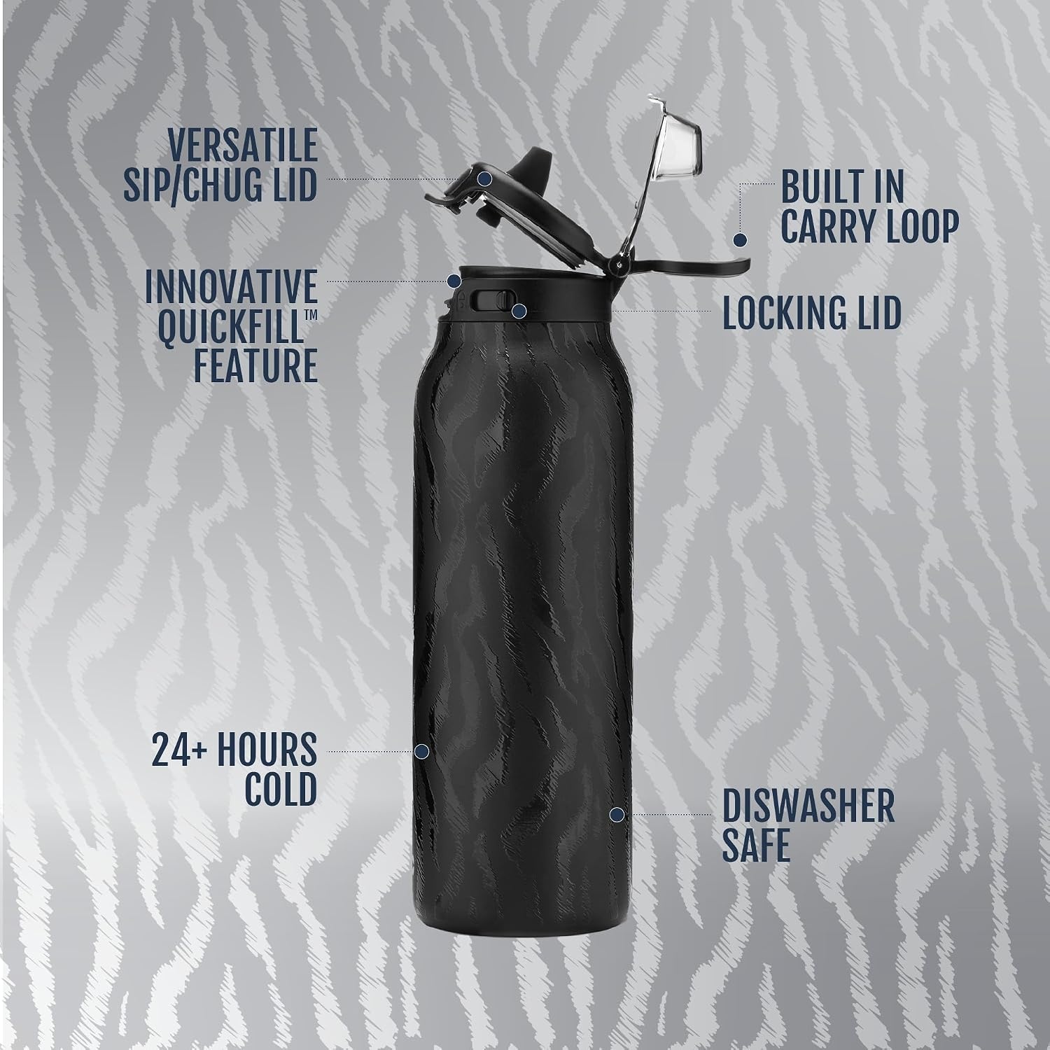 image:imageEllo Pop amp Fill Insulated Stainless Steel Water Bottle with Quick Fill Lid Leakproof Locking Sip or Chug Spout BPAFree Double Wall Vacuum Insulated for Sports Travel amp School 22oz 32oz 40ozZebra