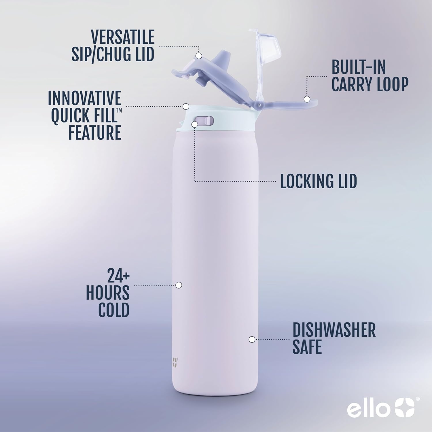 image:imageEllo Pop amp Fill Insulated Stainless Steel Water Bottle with Quick Fill Lid Leakproof Locking Sip or Chug Spout BPAFree Double Wall Vacuum Insulated for Sports Travel amp School 22oz 32oz 40ozAurora