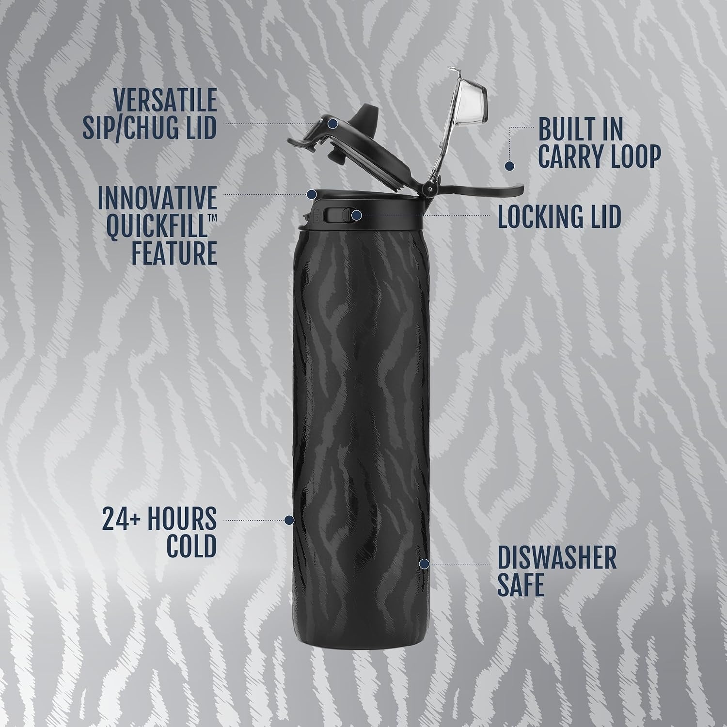 image:imageEllo Pop amp Fill Insulated Stainless Steel Water Bottle with Quick Fill Lid Leakproof Locking Sip or Chug Spout BPAFree Double Wall Vacuum Insulated for Sports Travel amp School 22oz 32oz 40ozZebra