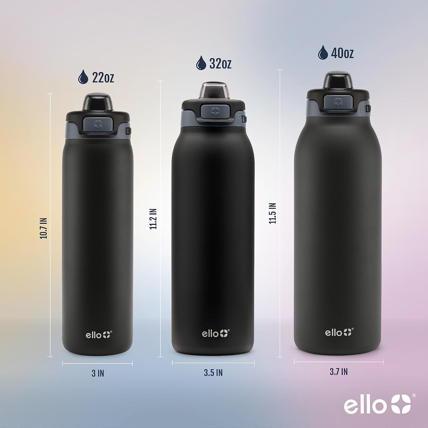 image:imageEllo Pop amp Fill Insulated Stainless Steel Water Bottle with Quick Fill Lid Leakproof Locking Sip or Chug Spout BPAFree Double Wall Vacuum Insulated for Sports Travel amp School 22oz 32oz 40ozTonal Black