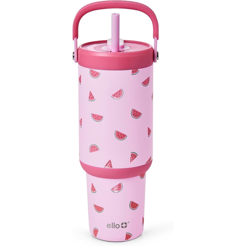 image:imageEllo Oasis Go 32oz Tumbler with Top Handle and Retracting Straw Reusable Insulated Stainless Steel Cup 100 Leakproof Water Bottle 24 Hours Cold Cup Holder Friendly For Travel Black LaceOne In a Melon
