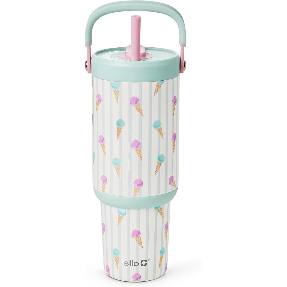 image:imageEllo Oasis Go 32oz Tumbler with Top Handle and Retracting Straw Reusable Insulated Stainless Steel Cup 100 Leakproof Water Bottle 24 Hours Cold Cup Holder Friendly For Travel Black LaceIce Cream Parlor