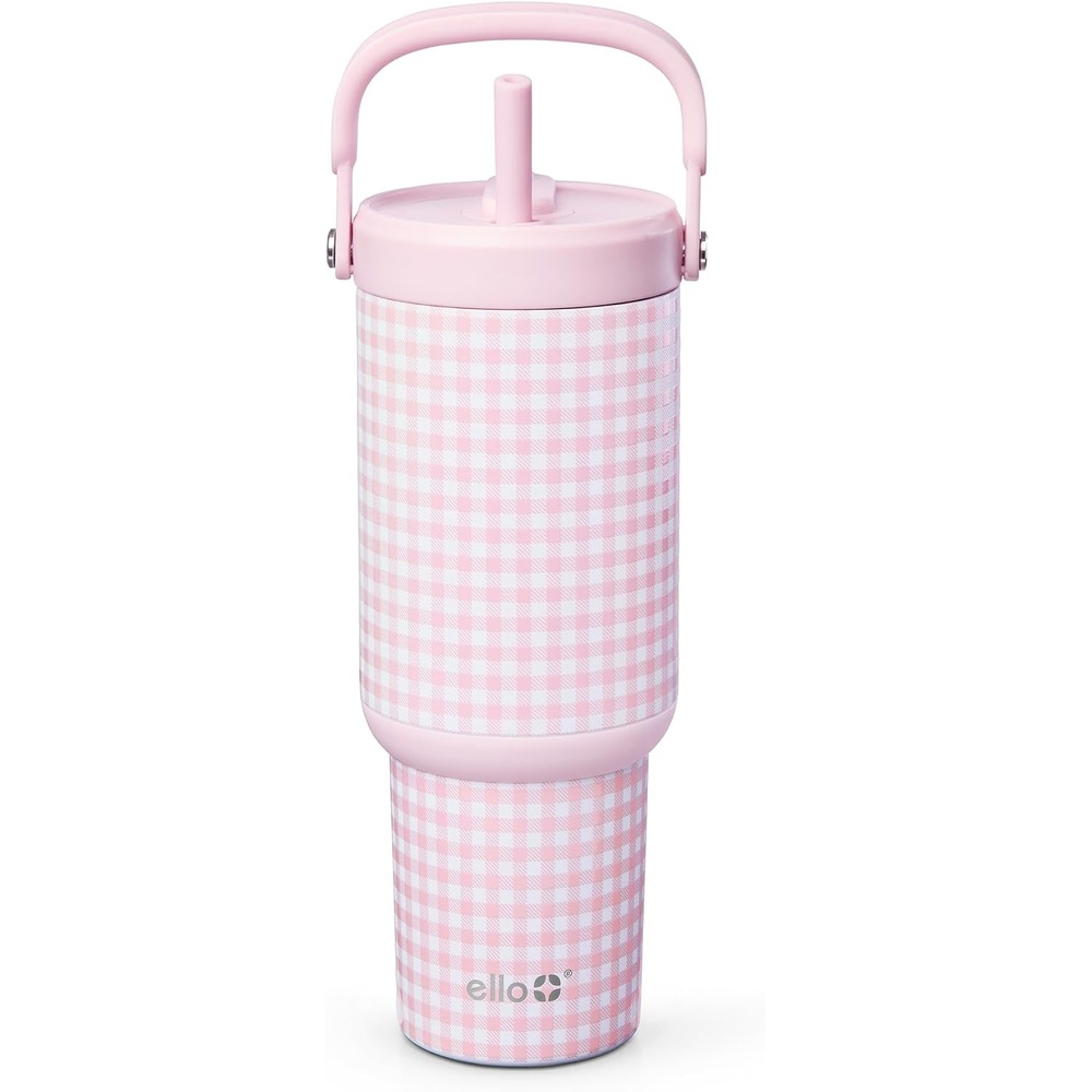 image:imageEllo Oasis Go 32oz Tumbler with Top Handle and Retracting Straw Reusable Insulated Stainless Steel Cup 100 Leakproof Water Bottle 24 Hours Cold Cup Holder Friendly For Travel Black LacePink Gingham