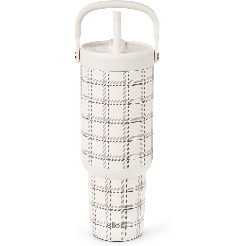 image:imageEllo Oasis Go 32oz Tumbler with Top Handle and Retracting Straw  Reusable Insulated Stainless Steel Cup 100 Leakproof Water Bottle 24 Hours Cold Cup Holder Friendly For Travel  Red VelvetCream Plaid