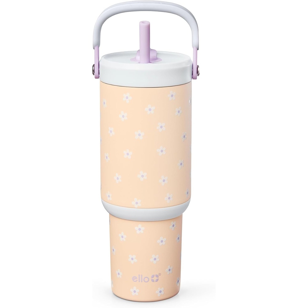 image:imageEllo Oasis Go 32oz Tumbler with Top Handle and Retracting Straw Reusable Insulated Stainless Steel Cup 100 Leakproof Water Bottle 24 Hours Cold Cup Holder Friendly For Travel Black LaceDaisies