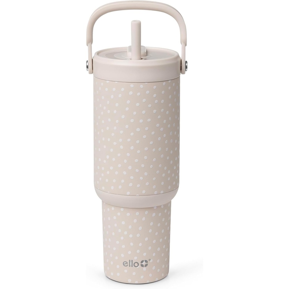 image:imageEllo Oasis Go 32oz Tumbler with Top Handle and Retracting Straw Reusable Insulated Stainless Steel Cup 100 Leakproof Water Bottle 24 Hours Cold Cup Holder Friendly For Travel Black LaceWild Dot