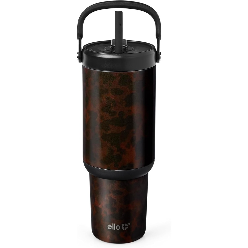 image:imageEllo Oasis Go 32oz Tumbler with Top Handle and Retracting Straw Reusable Insulated Stainless Steel Cup 100 Leakproof Water Bottle 24 Hours Cold Cup Holder Friendly For Travel Black LaceTortoise Shell