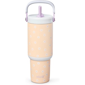 Ello Oasis Go+ 32oz Tumbler with Top Handle and Retracting Straw | Reusable Insulated Stainless Steel Cup, 100% Leakproof Water Bottle, 24 Hours Cold, Cup Holder Friendly For Travel | Red Velvet(Daisies)