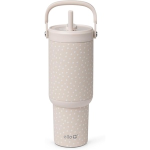 Ello Oasis Go+ 32oz Tumbler with Top Handle and Retracting Straw | Reusable Insulated Stainless Steel Cup, 100% Leakproof Water Bottle, 24 Hours Cold, Cup Holder Friendly For Travel | Red Velvet(Wild Dot)