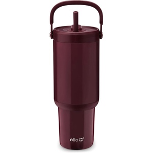 Ello Oasis Go+ 32oz Tumbler with Top Handle and Retracting Straw | Reusable Insulated Stainless Steel Cup, 100% Leakproof Water Bottle, 24 Hours Cold, Cup Holder Friendly For Travel | Black Lace(Red Velvet)