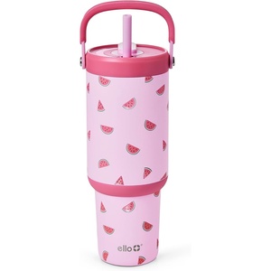 Ello Oasis Go+ 32oz Tumbler with Top Handle and Retracting Straw | Reusable Insulated Stainless Steel Cup, 100% Leakproof Water Bottle, 24 Hours Cold, Cup Holder Friendly For Travel | Black Lace(One In a Melon)