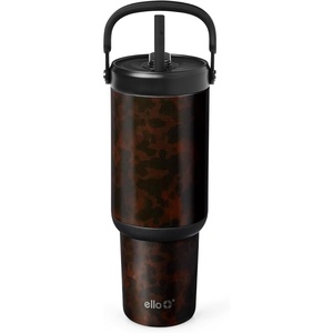Ello Oasis Go+ 32oz Tumbler with Top Handle and Retracting Straw | Reusable Insulated Stainless Steel Cup, 100% Leakproof Water Bottle, 24 Hours Cold, Cup Holder Friendly For Travel | Red Velvet(Tortoise Shell)