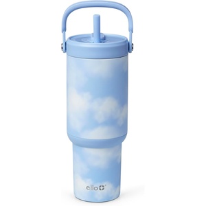 Ello Oasis Go+ 32oz Tumbler with Top Handle and Retracting Straw | Reusable Insulated Stainless Steel Cup, 100% Leakproof Water Bottle, 24 Hours Cold, Cup Holder Friendly For Travel | Black Lace(In The Clouds)