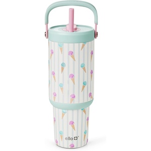 Ello Oasis Go+ 32oz Tumbler with Top Handle and Retracting Straw | Reusable Insulated Stainless Steel Cup, 100% Leakproof Water Bottle, 24 Hours Cold, Cup Holder Friendly For Travel | Red Velvet(Ice Cream Parlor)