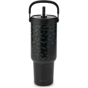 Ello Oasis Go+ 32oz Tumbler with Top Handle and Retracting Straw | Reusable Insulated Stainless Steel Cup, 100% Leakproof Water Bottle, 24 Hours Cold, Cup Holder Friendly For Travel | Black Lace(Nocturnal Bat)