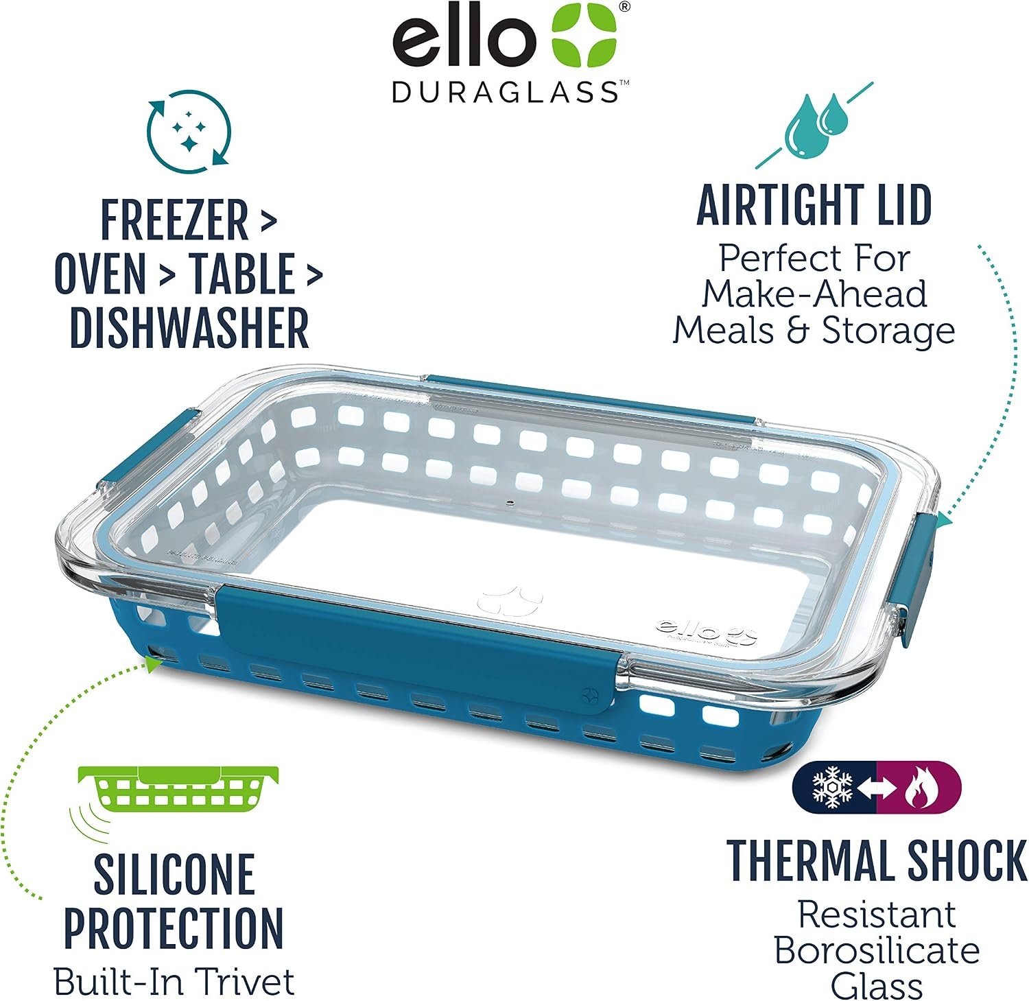 image:imageEllo Duraglass Bakeware Glass Baking Dish with Airtight Durable Tritan Lid and Silicone Sleeve Trivet Freezer to Oven Safe 7 x 112 Quart Aquaviva