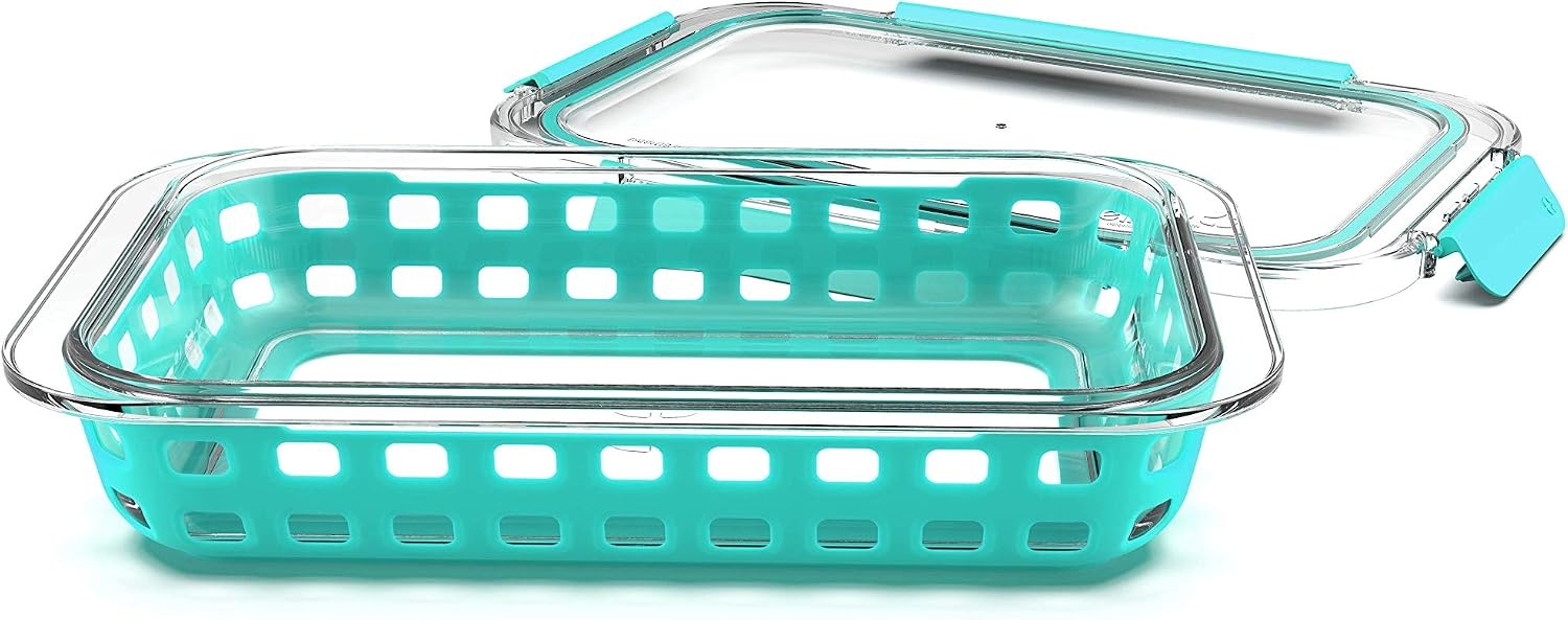 image:imageEllo Duraglass Bakeware Glass Baking Dish with Airtight Durable Tritan Lid and Silicone Sleeve Trivet Freezer to Oven Safe 7 x 112 Quart Aquaviva