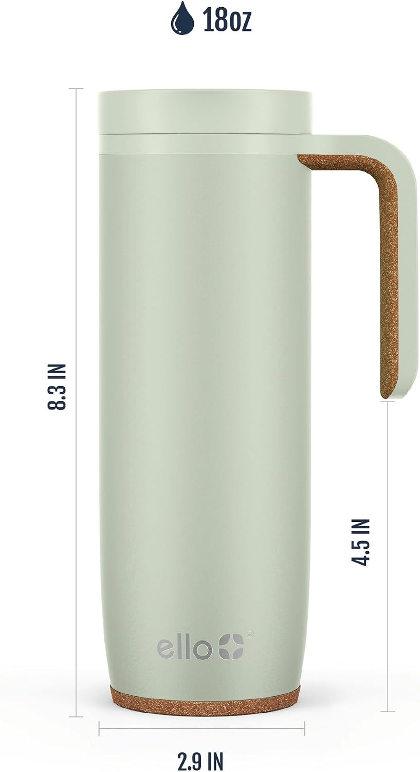 image:imageEllo Magnet 18oz Vacuum Insulated Stainless Steel Travel Mug with Side Handle and LeakProof Slider Lid and Builtin Coaster Keeps Hot for 5 Hours Perfect for Coffee or Tea BPAFree Porcelain RoseSage