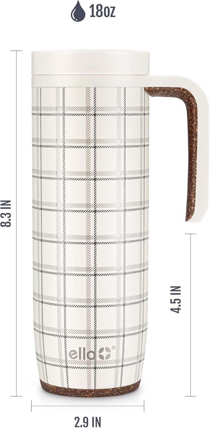 image:imageEllo Magnet 18oz Vacuum Insulated Stainless Steel Travel Mug with Side Handle and LeakProof Slider Lid and Builtin Coaster Keeps Hot for 5 Hours Perfect for Coffee or Tea BPAFree Porcelain RoseCream Plaid