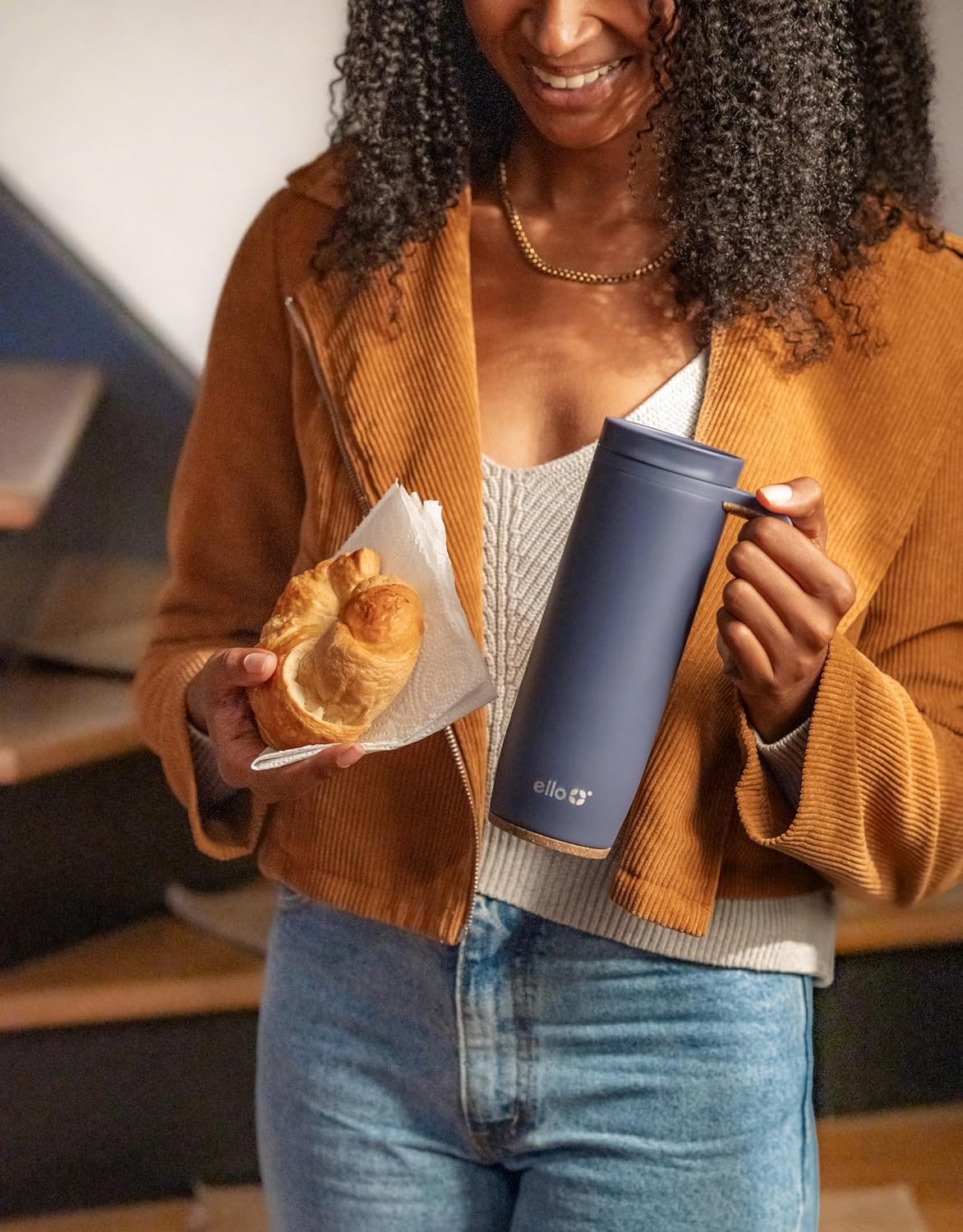 image:imageEllo Magnet 18oz Vacuum Insulated Stainless Steel Travel Mug with Side Handle and LeakProof Slider Lid and Builtin Coaster Keeps Hot for 5 Hours Perfect for Coffee or Tea BPAFree Porcelain RoseShadow