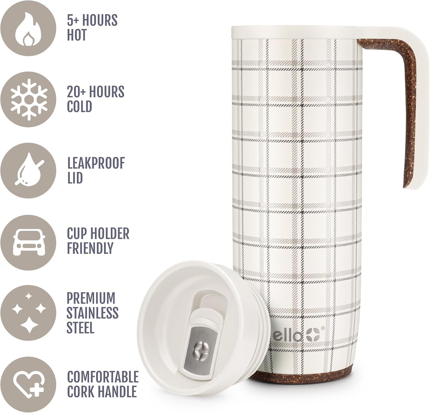 image:imageEllo Magnet 18oz Vacuum Insulated Stainless Steel Travel Mug with Side Handle and LeakProof Slider Lid and Builtin Coaster Keeps Hot for 5 Hours Perfect for Coffee or Tea BPAFree Porcelain RoseCream Plaid